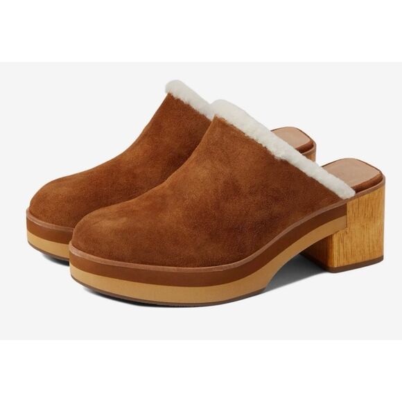 Bernardo Anthropologie sky sherpa lined wooden clogs size 7 - Picture 1 of 12